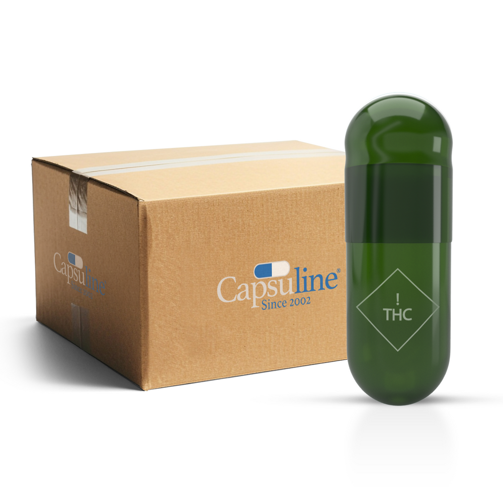 ! THC M Cápsulas Vacías Vegetarianas de Dos Piezas de Colores Impresas Tamaño 00 - Verde Translúcido - (Caja de 75.000) - Logotipo Impreso THC M