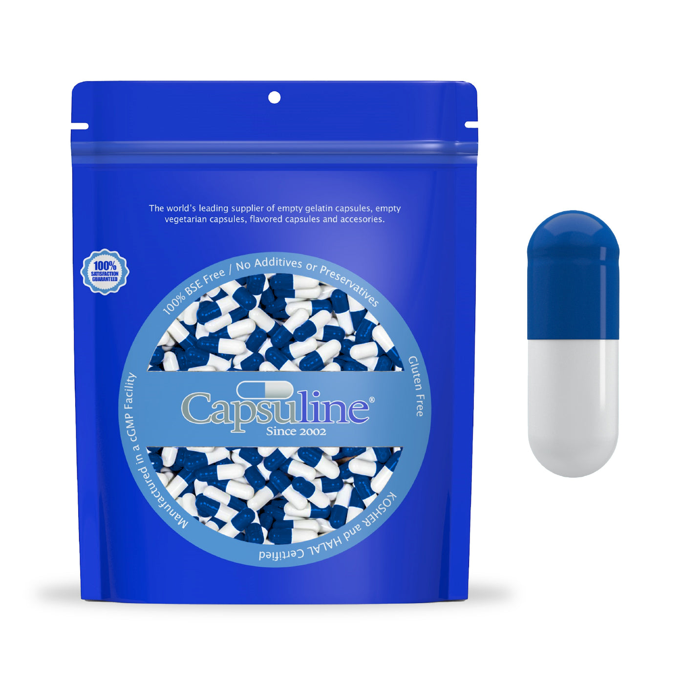 Colored Size 0 Empty Gelatin Capsules by Capsuline - Blue/White