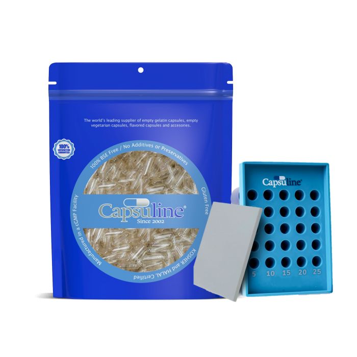 Capsules de gélatine vides de taille 00 transparentes par Capsuline - 1000 pièces + plateau de maintien taille 00 pour 25 capsules