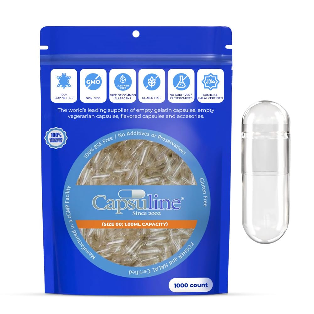 Capsules de gélatine vides de taille 00 transparentes par Capsuline - 1000 pièces + plateau de maintien taille 00 pour 25 capsules