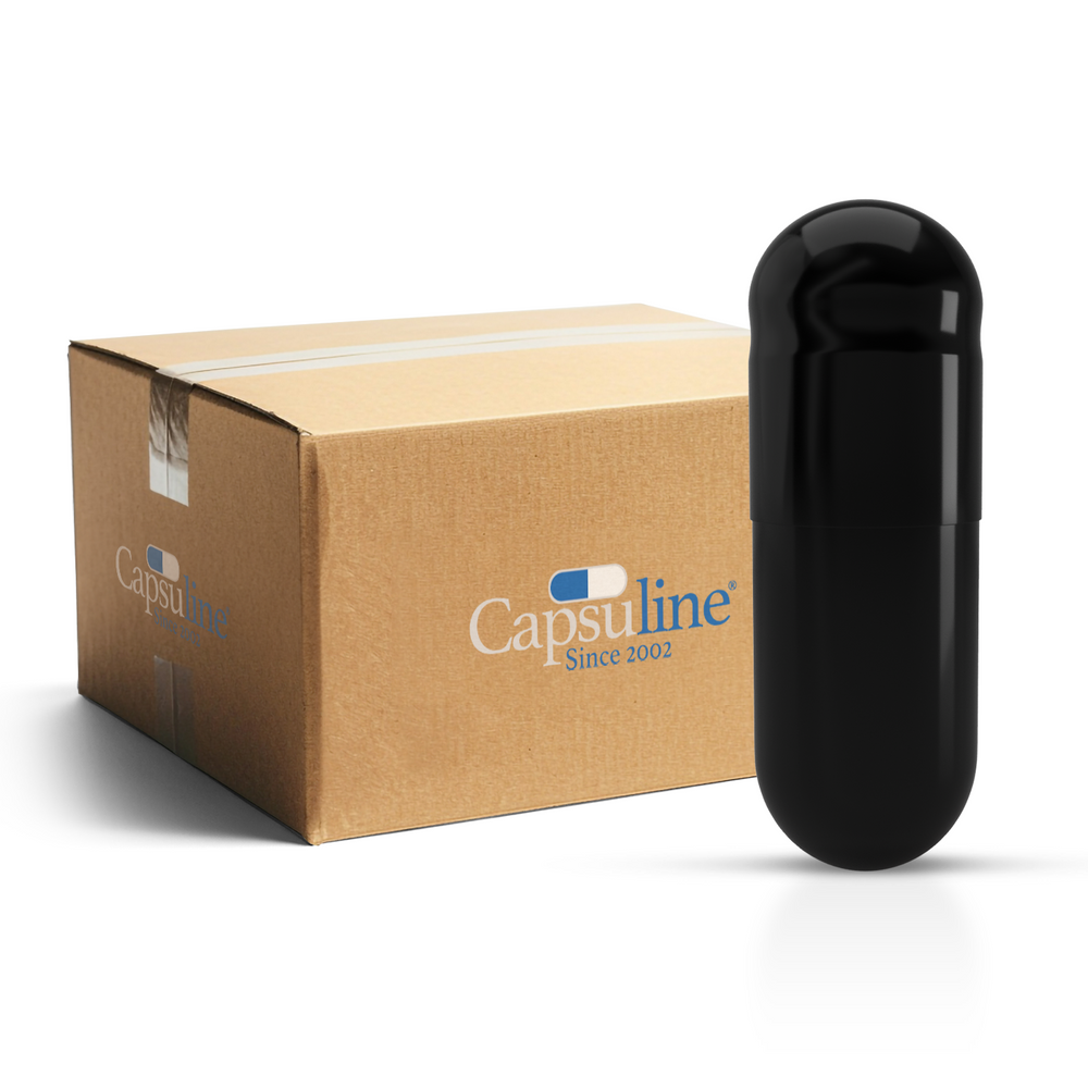 Frei von Titandioxid (TiO2) – Rußfarbene vegetarische Kapseln, Größe 0 – Schwarz/Schwarz – (Box mit 100.000 Stück)