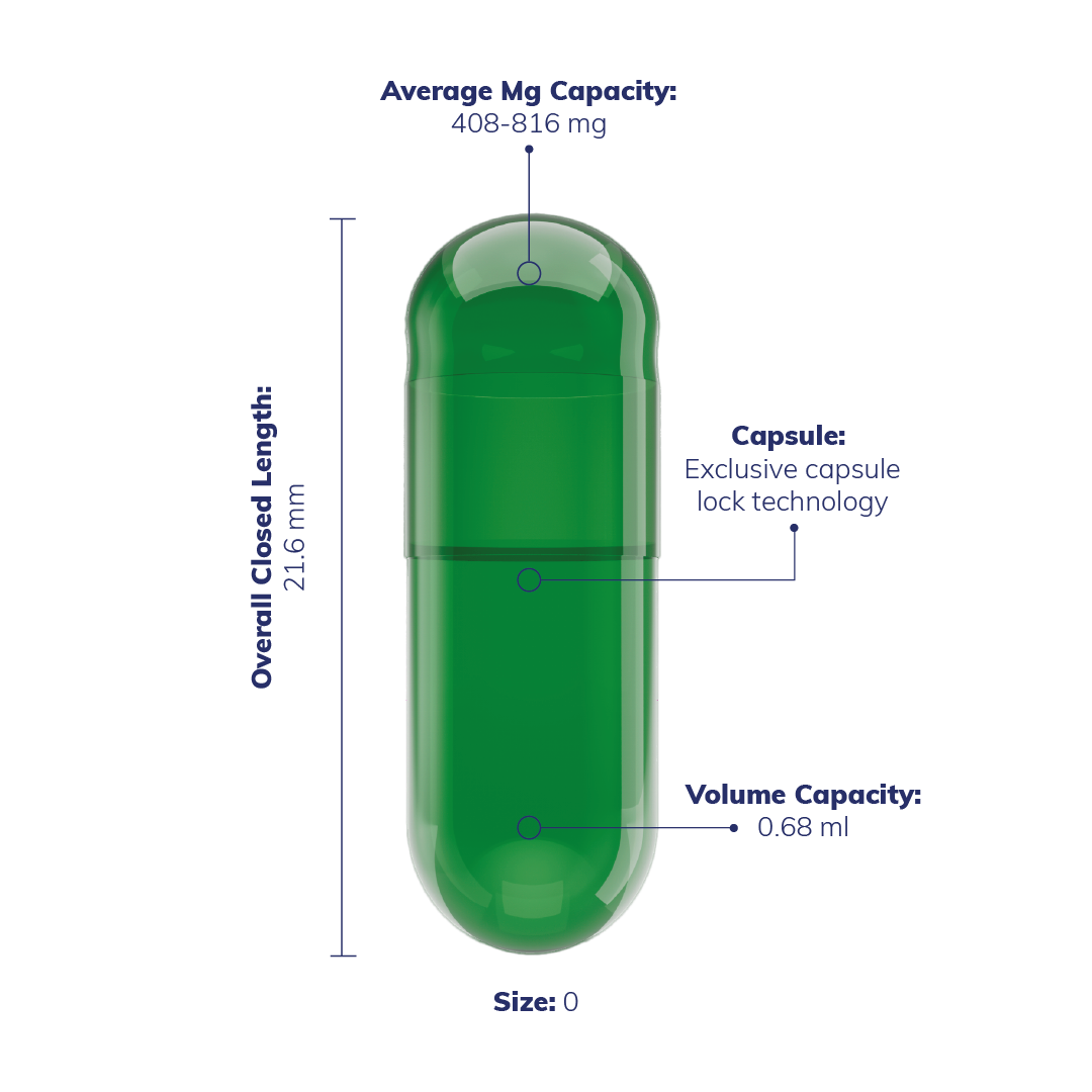 Capsuline Chlorophyll Empty Vegetarian Capsules Size 0  - Green/Green - TiO2-Free (Box of 100,000)