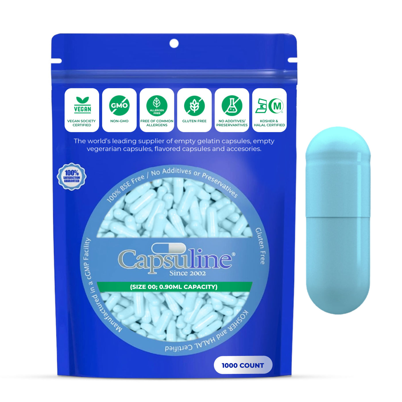 Colored Size 00 Empty Vegetarian Capsules by Capsuline - Aqua Blue 1000 Count - 1000